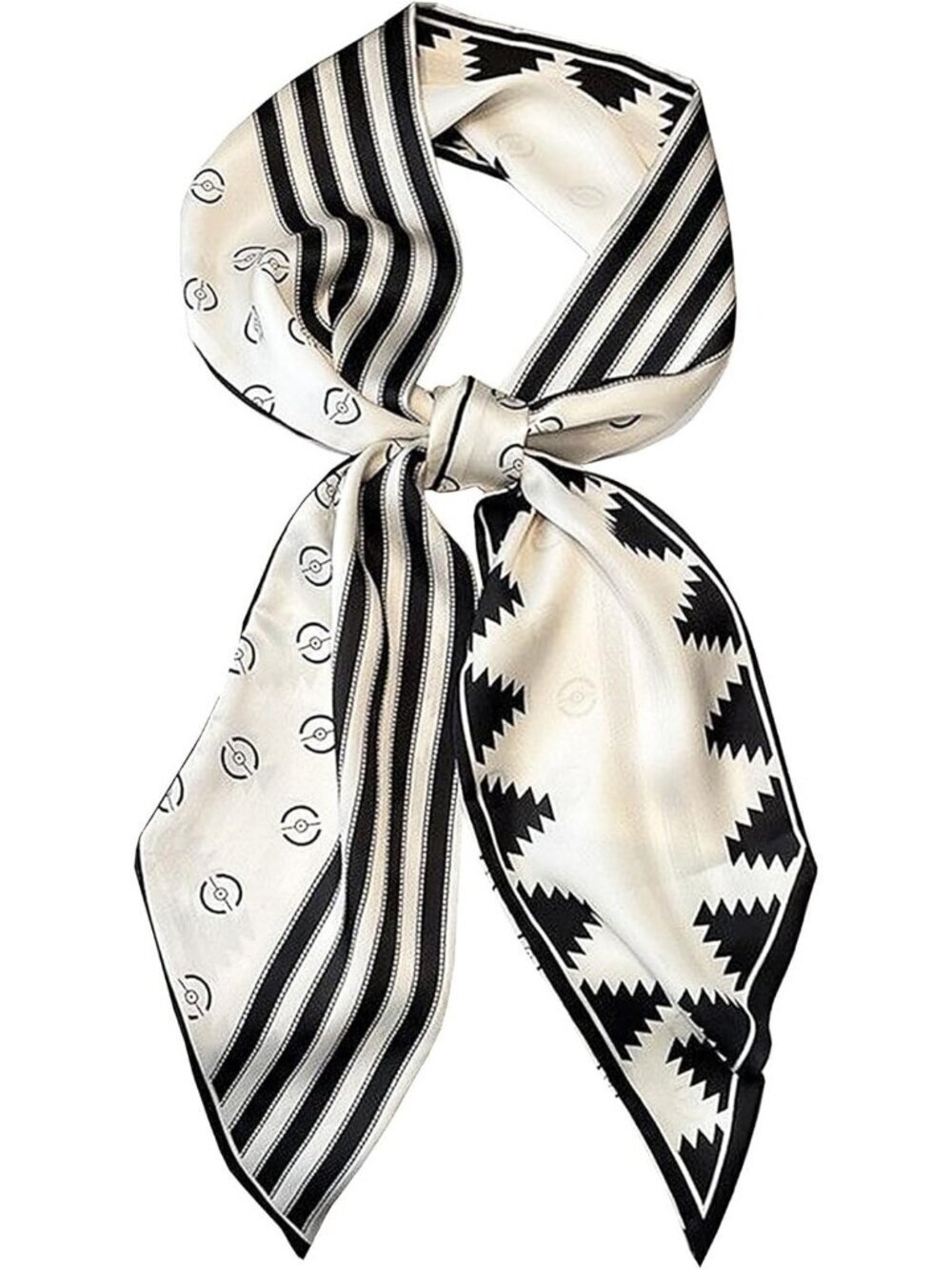 Women's Black and White Geometry Head Scarves Long Skinny Silky Hair Bags Scarf